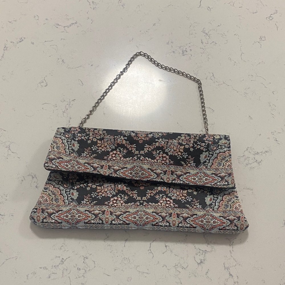 Floral Chain Clutch Bag - Black and Pink